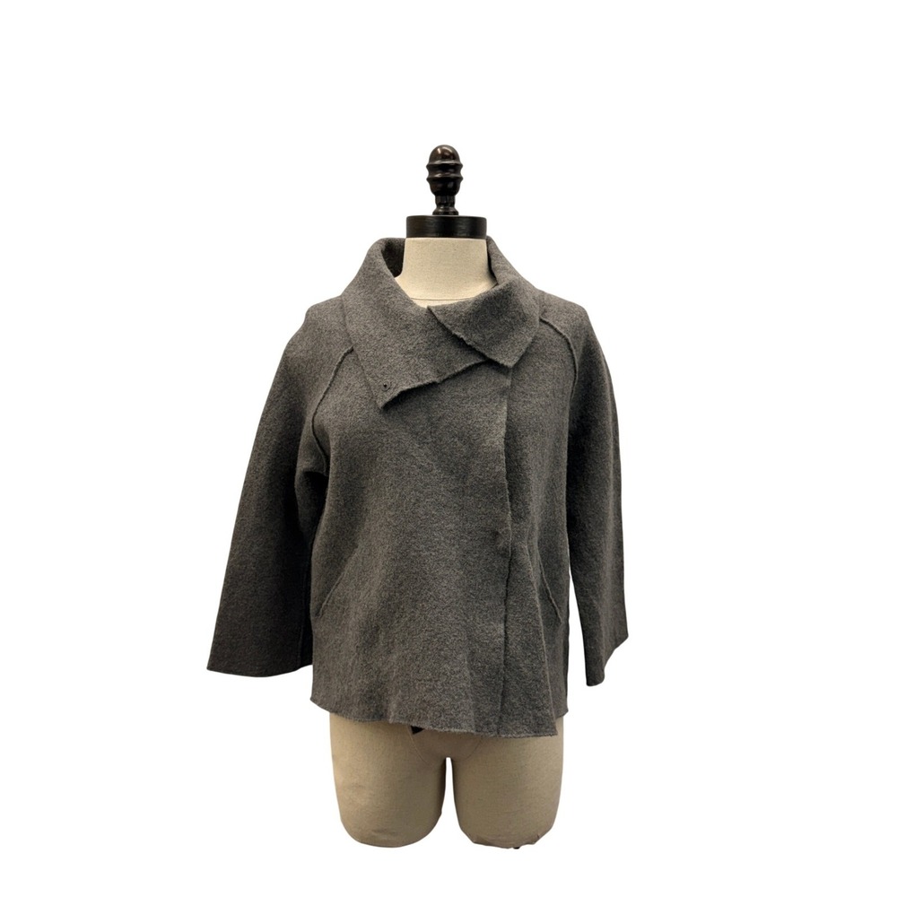 Eileen Fisher Jacket Womens XS Gray Excellent 100% Wool Boiled Asymmetric Snap